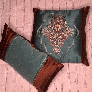 Embroidered Teal and Brown Throw Pillows